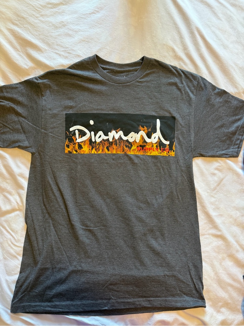 Diamond Supply Co. Charcoal Tee with White Script and Flame Graphic